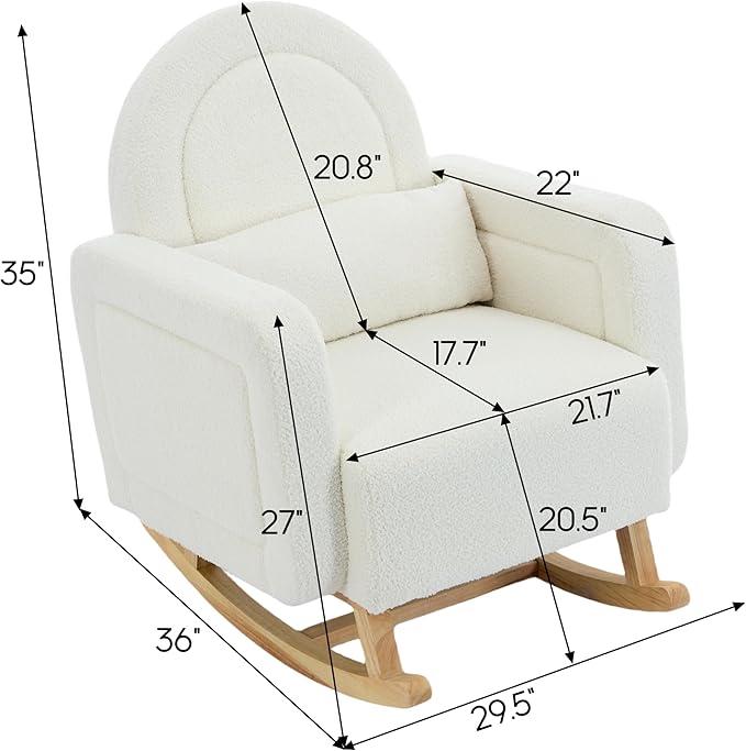 Christopher Knight Home Kiin Wooden Rocking Chair Indoor with Curved Back, Teddy Upholstered Rockers with Pillow, Comfy Accent Chair with Armrest for Bedroom, Living Room, Offices, Cream White