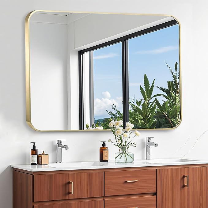 40x30 Inch Gold Bathroom Mirror, Brushed Gold Metal Framed Rectangular Mirror with Rounded Corner, Bathroom Vanity Mirror for Bedroom or Living Room, Horizontal/Vertical