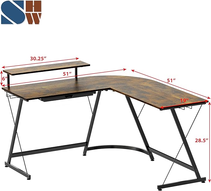 SHW 51 x 51 Inches Vista L-Shaped Desk with Monitor Stand and Drawer, Rustic Brown