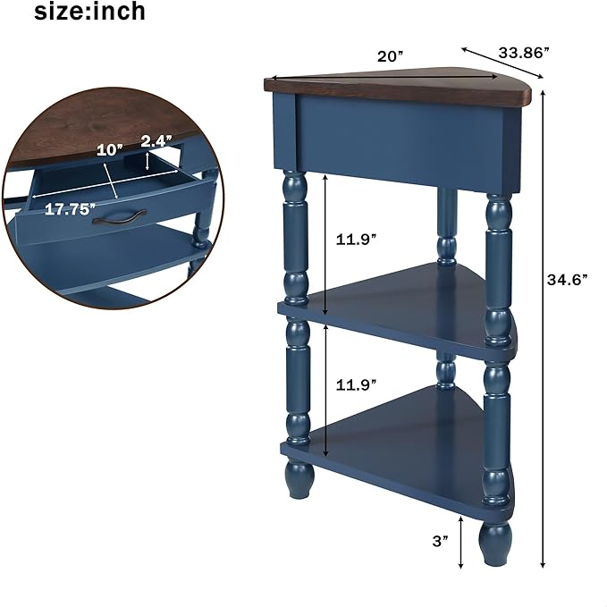 GDFStudio Trmxmbi 3 Tier Corner Console Table with 1 Storage Drawers and Shelves, 33.8'' Rustic Wood Triangle Sofa End Table for Small Spaces, Solid Wood Legs, Navy Blue and Espresso Top