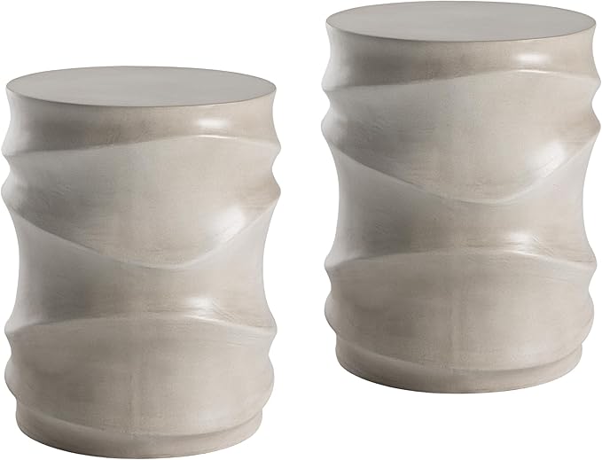COSIEST Set of 2 Outdoor Side Table, 2 Pieces Concrete Table for Patio, Streamlined Lightweight Accent Decorative Patio Garden Stools, Plant Stand Drum Table, Round, Grey