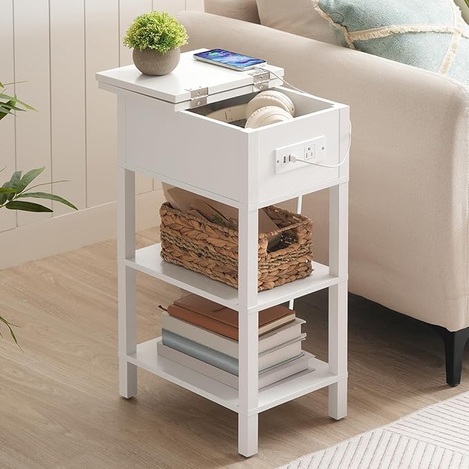 HOOBRO End Table with Charging Station, Flip Top Side Table with USB Ports, Narrow Nightstand Bedside Tables with Storage Shelves, for Small Space, Living Room, White WT141UBZ01