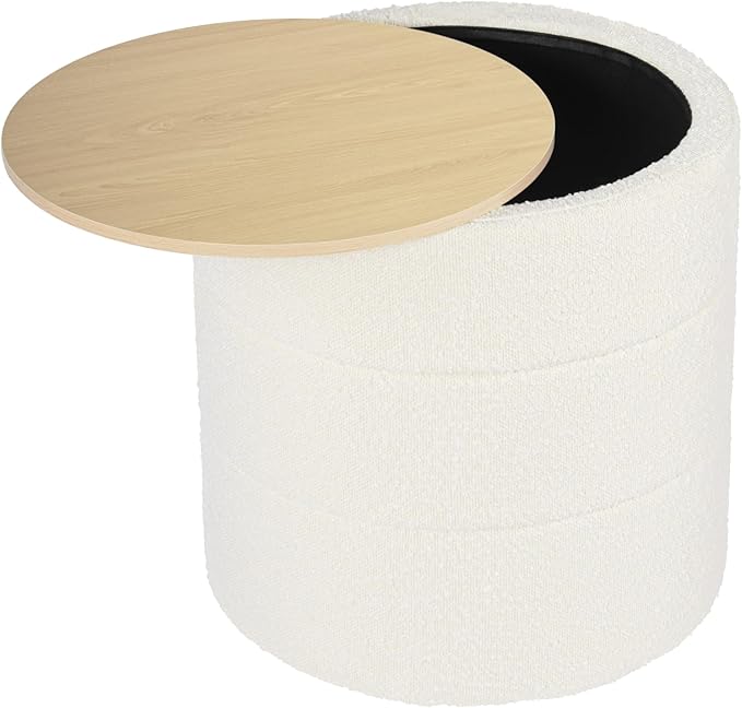 HomePop Channel Storage Ottoman with Wood Top - Cream Boucle