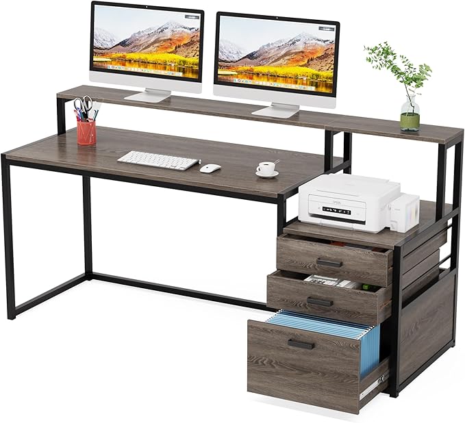 Tribesigns 63 Inch Computer Desk with File Drawer Cabinet, Ergonomic Office Desk with Monitor Stand, Industrial Computer Table with Printer Space, Wood PC Table Workstation Desk for Home Office