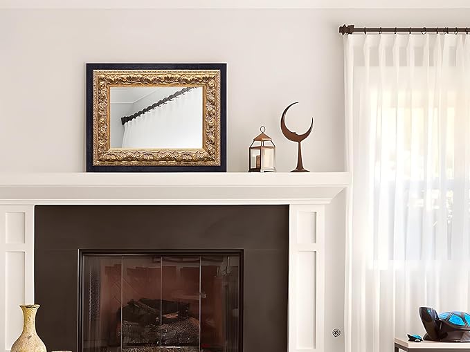 Small French Antique Mirror, 14”x11” Black Vintage Table Mirror for Vanity with Handmade Aging Foil Flower Petal Carvings Wooden Frame (Black and Gold, 14”x11”)