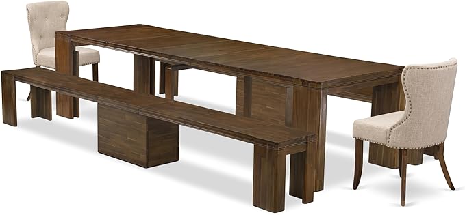 X02SI-208-04 - 5 Pieces Modern Dining Table Set includes an Extendable Rectangle Kitchen Table, 2 Dining Chairs and 2 Modern Benches, 39x120 Inch, Antique Walnut