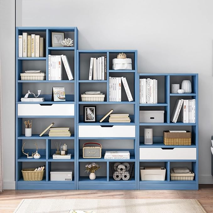 IOTXY Wooden Open Shelf Bookcase - 71 Inches Tall Freestanding Display Storage Cabinet Organizer with 10 Cubes and a Drawer, Floor Standing Bookshelf in Bright Blue