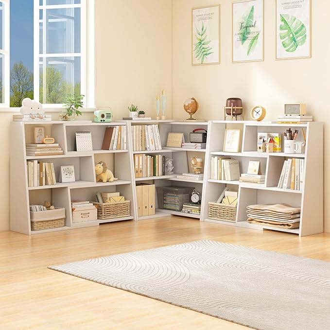 IOTXY Wooden Extendable Shelf Bookcase - 3-Tier Ladder Low Short Bookshelf for Small Space or Corner, Dark Walnut, S