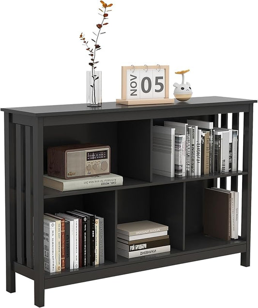 TaoHFE Short Bookshelf with 2-Layer 5 Cube Shelf,Wooden Bookcase Modern Minimalist Style, Horizontal Bookshelf for Living Room, Classroom, Bedroom, Book Shelf with Storage Cube Bookcase, Black