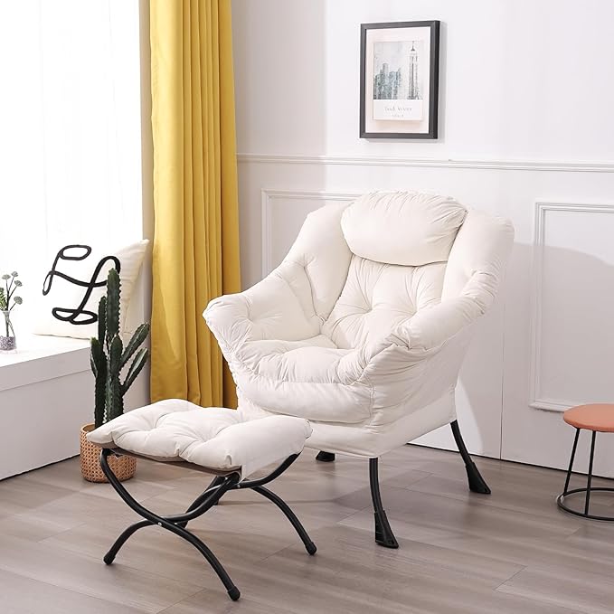 LITA Lazy Chair with Ottoman, Accent Contemporary Lounge Single Leisure Upholstered Sofa Set Armrests and a Side Pocket, Reading for Living Room & Bedroom, Beige 10.6D x 28.3W x 36.6H in