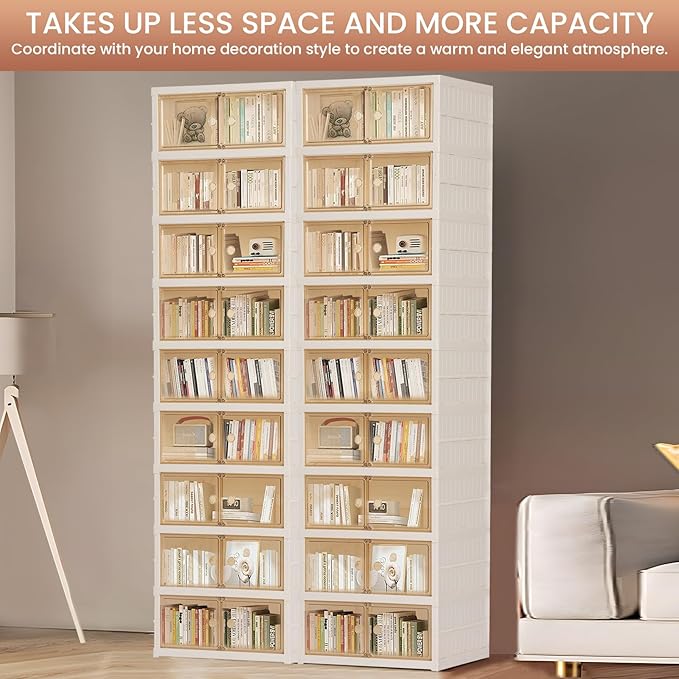 Foldable Shoe Organizer Storage Box, Portable Extra Large Folding Shoe Rack for Closet, Shoe Storage Box with Magnetic Transparent Door and Wheels, 9 Layers 18 Grids for 2 PCS
