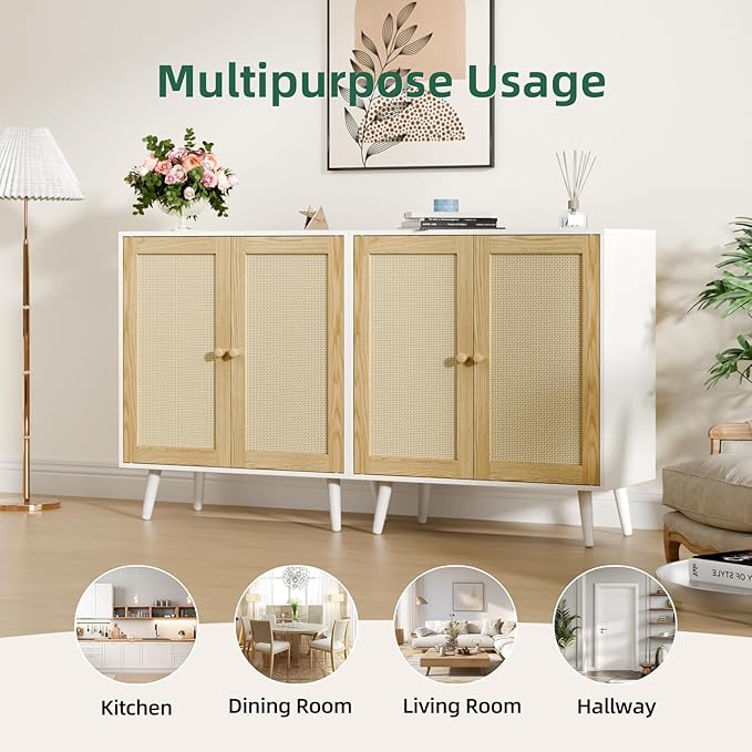 Rattan Storage Cabinet, Small Sideboard Buffets Storage Cabinet with Doors for Kitchen & Entryway Storage, White