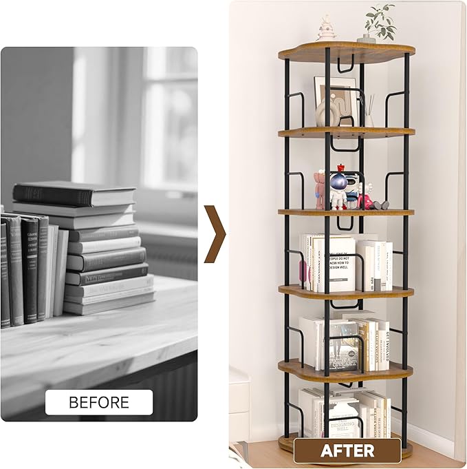 5-Tier Rotating Book Shelf, 360° Display Spinning Bookshelf Tower, Book Organizer, Floor Standing Bookcases for Small Space, Corner Book Shelf for Bedroom, Living Room, Study Room (RUSTIC BROWN)