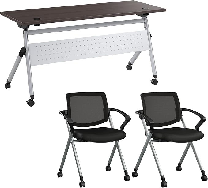 Bush Business Furniture Folding Training Table Set for 2, 60 inch Desk with Powered Grommets and 2 Chairs with Arms, Commercial-Grade Bundle for Office or Classroom, Envision Collection, Gray
