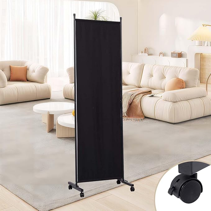 Room Divider 6 Panel Room Dividers/Wheels, Fabric Room Divider Panel for Office Room Partitions and Dividers, Portable Partition Wall Divider for Room Separation, Privacy Screen (Black, Wheel-22'')