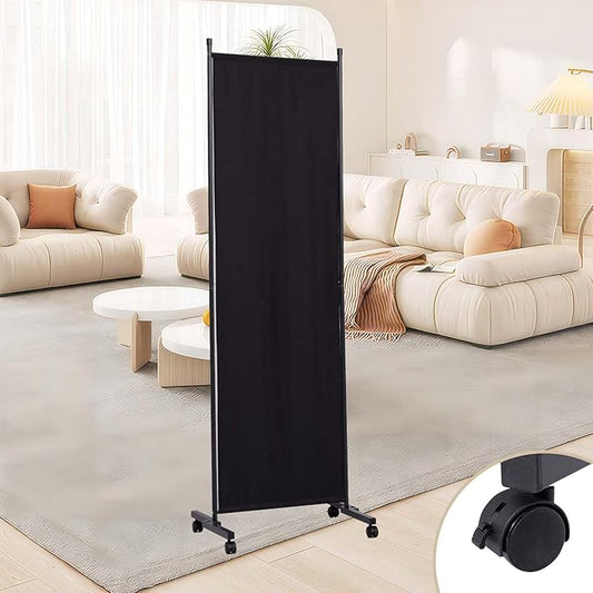 Room Divider 6 Panel Room Dividers/Wheels, Fabric Room Divider Panel for Office Room Partitions and Dividers, Portable Partition Wall Divider for Room Separation, Privacy Screen (Black, Wheel-22'')