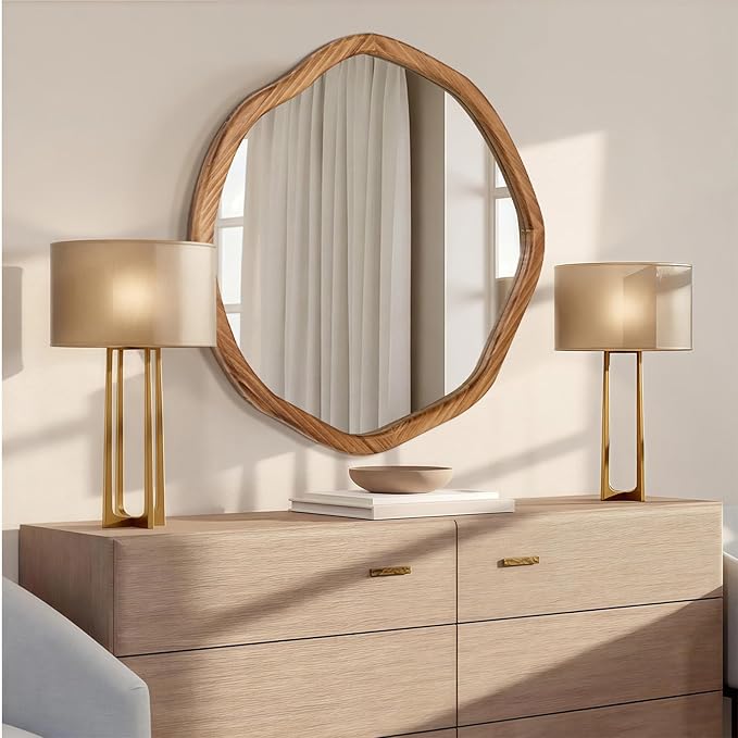 ULIKE Round Wood Mirror 24 Inch Circle Wall Mirror, Asymmetrical Bathroom Vanity Mirror with Wood Frame, Decorative Wall Mounted Mirror for Bedroom, Living Room, Entryway, Rustic Brown