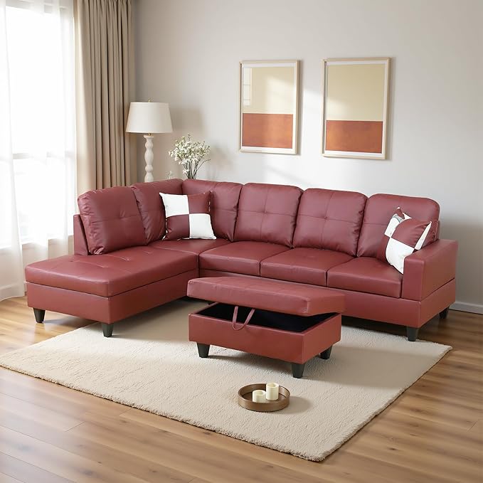 Osparple L Shaped Couch Faux Leather Sectional Couches for Living Room Upholstered 3 Pieces Modular Sectional Sofa with Chaise, Ottoman with Storage for Living Room and Small Apartment, Dark Red