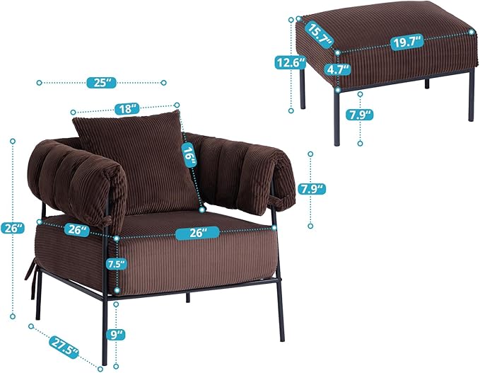 HollyHOME Modern Velvet Accent Chair with Ottoman, Upholstered Comfy Reading Chair and Footstool, Fabric Large Lazy Arm Chair and Stool, Lounge Sofa Chair for Living Room, Bedroom, Coffee Chair&Stool