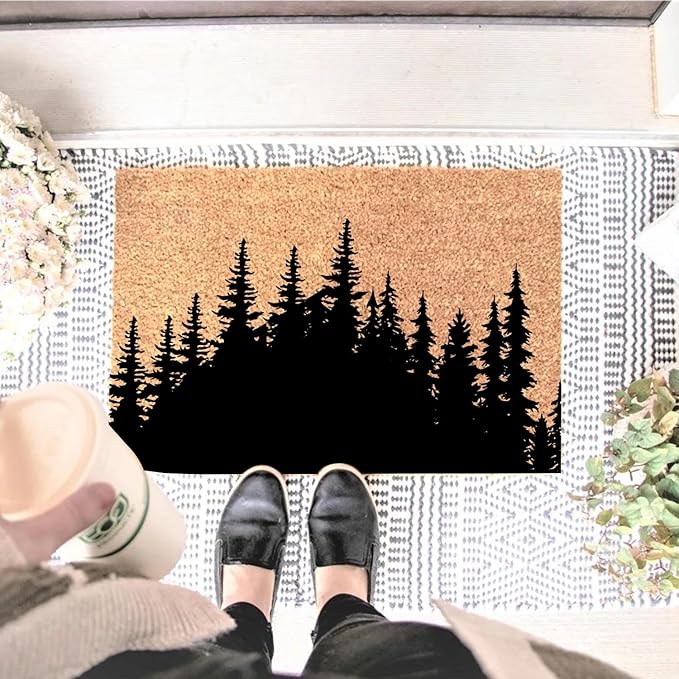 Funny Coir Doormat Tree Line Forest Landscape Front Door Mats Entryway Outdoor Mat with Heavy Duty Front Porch Welcome Mats Entry Natural Coir Brown Prank Novelty Gift Outdoor Mat 23.7x15.7 inch