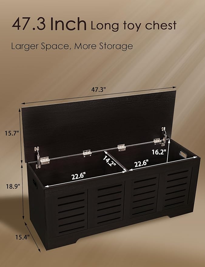 DINZI LVJ Storage Chest, 47.3” Wooden Toy Box with 2 Safety Hinges, Retro Entryway Shoe Storage Bench with Flip-Top, Sturdy Large Storage Trunk for Living Room, Bedroom, Easy Assembly, Espresso