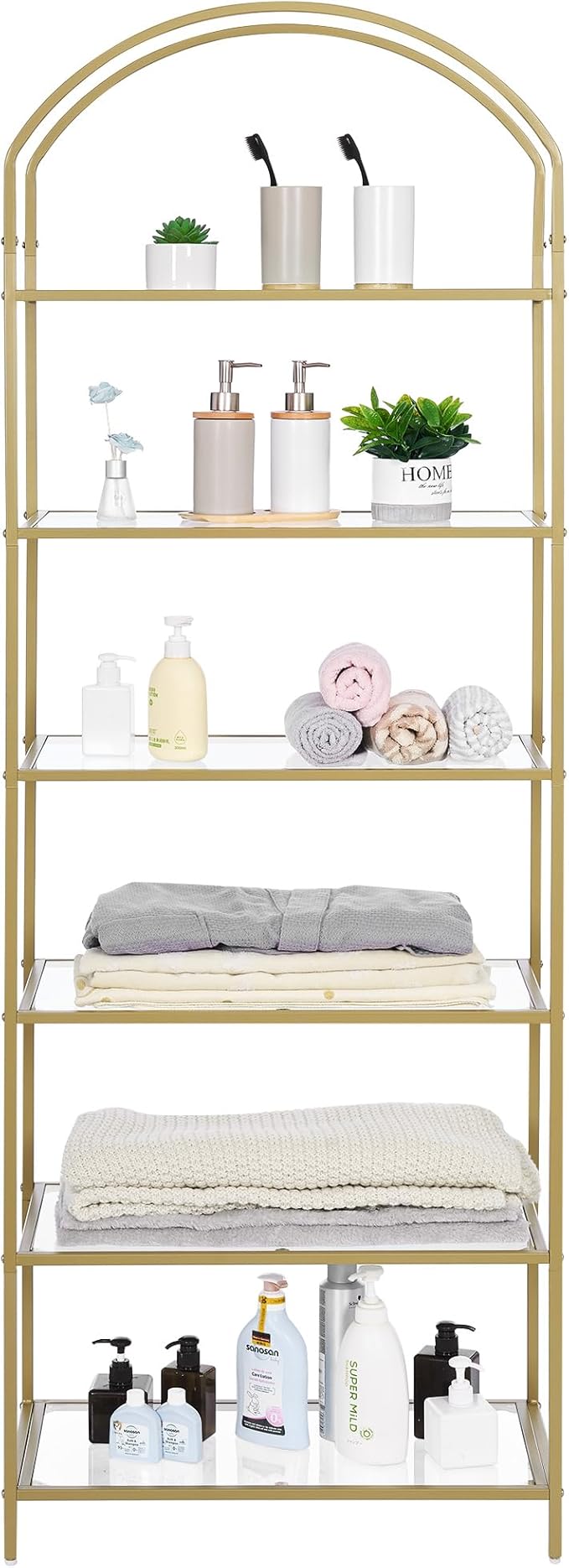 Homhedy Bookshelf Arched Display Racks,Metal Bookcase,Tempered Glass Shelves,Storage Rack Shelf for Home Office,Living Room,Bedroom, Bathroom,Modern Style (Golden, 11.8" D x 23.6" W x 73.6" H)