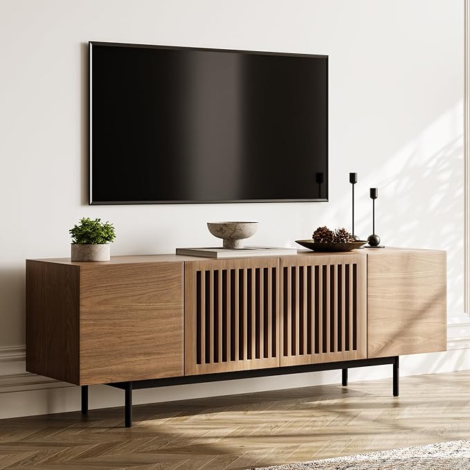POVISON Full Assembled Mid-Century Modern TV Stand with Slatted Doors, Wood Media Console for 65 Inch TV, TV Console with Tall-cast Metal Legs, Entertainment Center with Storage for Living Room