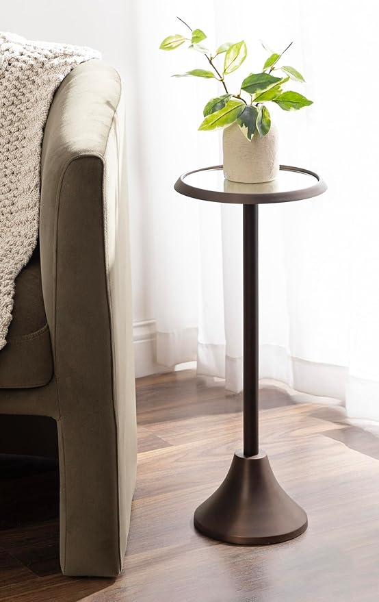 Kate and Laurel Sanzo Modern Pedestal Drink Table; 10 x 10 x 23; Antique Bronze; Decorative End Table with Mirrored Tabletop for Use as Small Plant Stand or Cute Martini Table