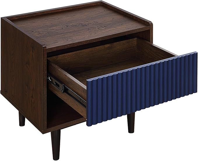Manhattan Comfort Duane Modern Ribbed Nightstand, Bedside Table with Full Extension Drawer and Open Shelf, Industrial Chic Living Room and Bedroom Furniture, Navy Blue