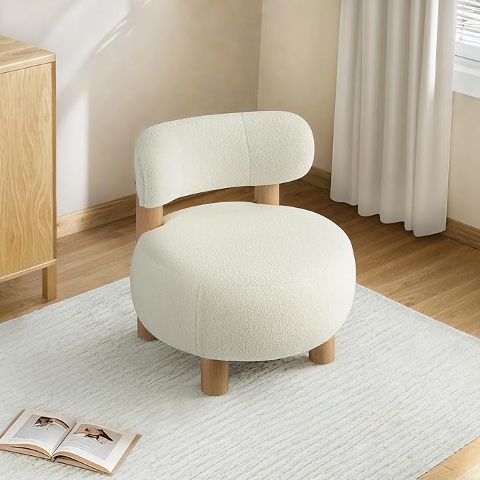 Modern Boucle Accent Chair, with Plush Faux Sherpa Upholstery, Curved Backrest, Solid Wood Legs for Living Room Bedroom Reading Nook, 27.5", White