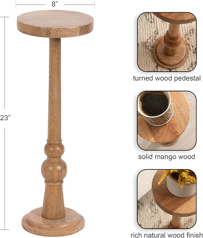 Kate and Laurel Wegner Transitional Wooden Round Drink Table, 8 x 8 x 23, Natural Wood, Modern Durable Pedestal Table for Use as Round Drink Table, Indoor Plant Stand, or Decorative Mini Table