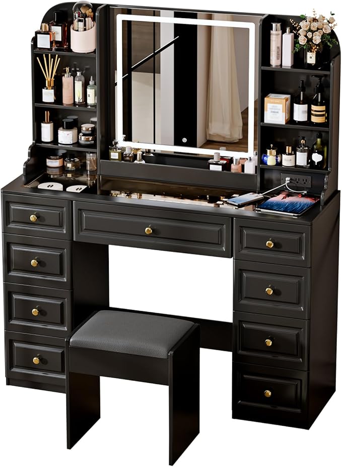 42" Makeup Vanity Desk with Mirror and Lights, & Power Outl, Glass Top Big Vanity Table with 9 Drawers& 8 Storage Shelves, Dressing Table Set with Chair for Bedroom, Black