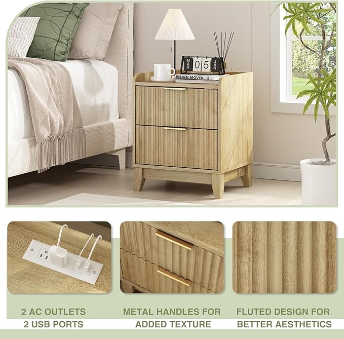 Wnutrees Fluted Nightstand with Charging Station, Modern Bedside Table with 2 Drawers, Farmhouse Wooden End Side Table for Living Room, Natural