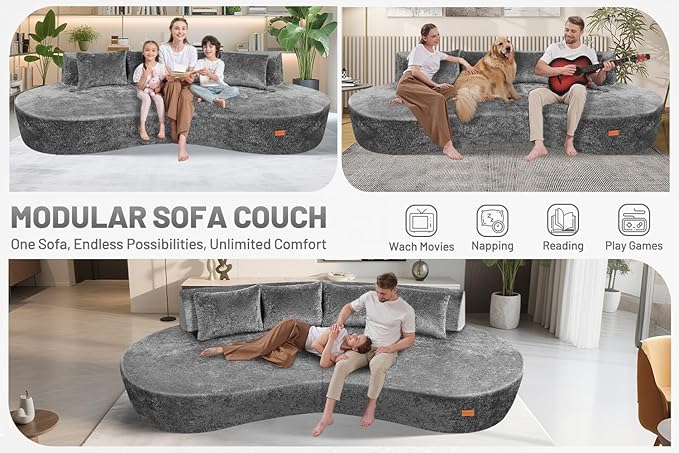Homguava 104'' Modular Sectional Sofa,Curved Modern Sofa with Memory Foam,Deep Seat Cloud Couch with 4 Pillows,Upholstered Oversized Couches for Living Room Apartment Office,No Assembly Required,Grey