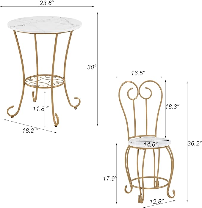 JOIN IRON 2-Piece Bistro Dining Set for Indoor Use, Marble-Look Tabletop with Gold Metal Frame, Vintage French Café Style Round Table and Chairs for Kitchen, Breakfast Nook, Small Apartment (Gold)