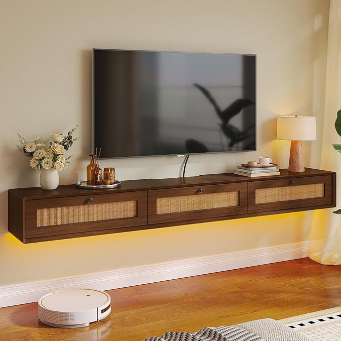 Fully-Assembled Floating TV Stand with 3 Rattan Doors, Rustic Floating Entertainment Center Under TV Shelf, Modern Large Storage Wall Mounted Media Console for Living Room Bedroom 78IN