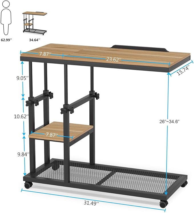 Tribesigns Height Adjustable C Table with Wheels, Mobile Couch Snack Side Table with Tiltable Drawing Board, Sofa Bedside Laptop Stand C Shaped TV Tray with Storage Shelves (Black+Oak)
