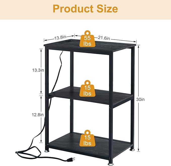 VECELO Tall End Table with Charging Station, Side Table with USB Ports and Outlets, 30" Height Nightstand with 3-Tier Storage Shelf for Living Room Bedroom Office Hallway Study
