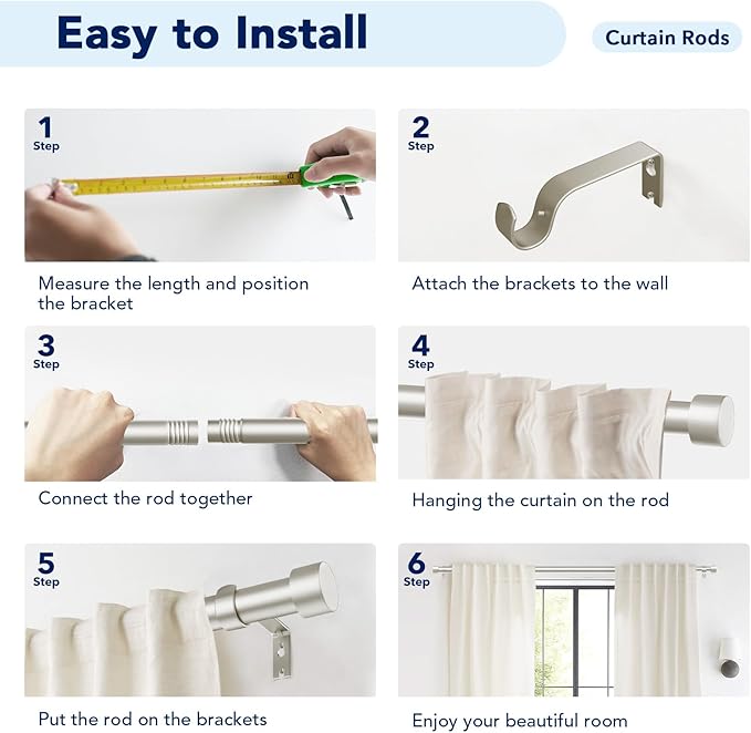 2 Pack Curtain Rods for Windows 48 to 84 Inch(4-7ft), 1 Inch Brushed Nickel Adjustable Heavy Duty Curtain Rod Set, Modern Style Drapery Rods for Bedroom Living Room, Size 32"- 90"