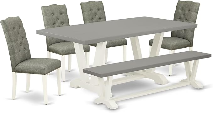 East West Furniture V097EL207-6 6 Piece Dining Room Table Set Contains a Rectangle Kitchen Table with V-Legs and 4 Gray Linen Fabric Parson Chairs with a Bench, 40x72 Inch, Multi-Color