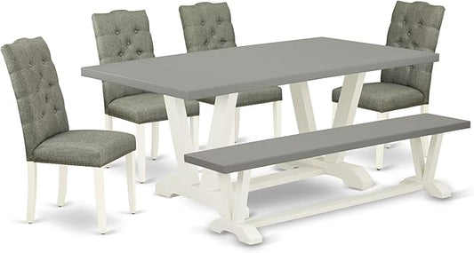 East West Furniture V097EL207-6 6 Piece Dining Room Table Set Contains a Rectangle Kitchen Table with V-Legs and 4 Gray Linen Fabric Parson Chairs with a Bench, 40x72 Inch, Multi-Color