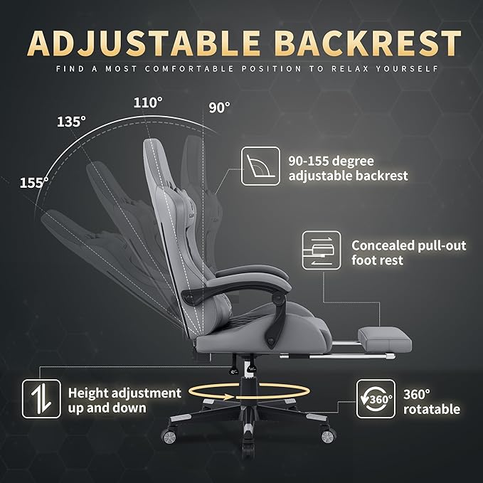 Gaming Chair, 400 lbs Adult Chair, High Back Computer Chair with Footrest and Linked Armrests, Office Video Game Chair with Lumbar Support (Grey)