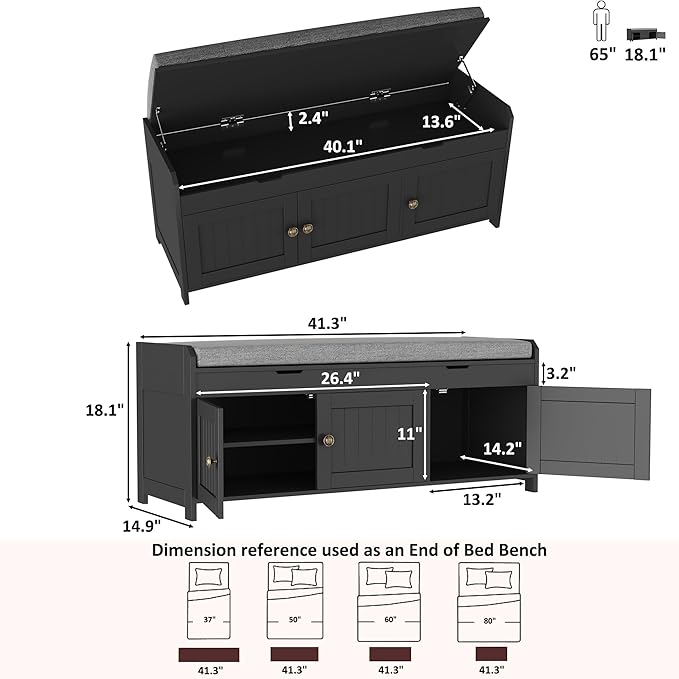 HOMEFORT 41.3" Shoe Bench with Lift Top Storage, Entryway Bench with Cushioned Seat, Wooden End of Bed Bench, Shoe Cabinet Bench with Hidden Storage Space, for Bedroom, Hallway,Black