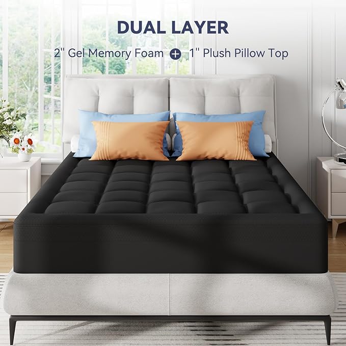 ELEMUSE Dual Layer 3 Inch Memory Foam Mattress Topper Queen Size, 2 Inch Cooling Gel Memory Foam Plus 1 Inch Down Alternative Pillowtop Mattress Pad with Cooling Cover, Soft Comfort Support,Black