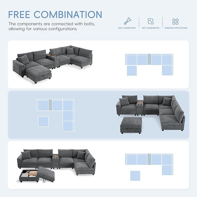 Merax 140'' Oversized Modular Sectional Sofa with Storage Ottoman and Console, Removable Storage Pockets, Cup Holder, Wide Seat, USB Charger, 6 Seat U Shaped Chenille Couch Set for Living Room, Gray