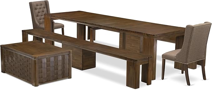 X02FO-2C8-18 - 6 Pieces Dining Table Set includes an Extendable Rectangle Kitchen Table, 1 Coffee Table, 2 Dining Chairs and 2 Modern Benches, 39x120 Inch, Antique Walnut