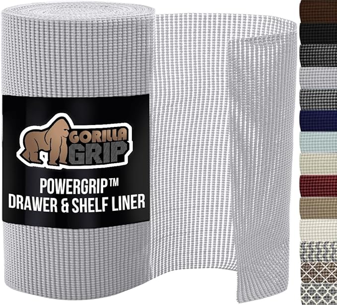 GORILLA GRIP powerGRIP Drawer Shelf and Cabinet Liner, Thick Strong Hold, Non-Adhesive Liners Protect Kitchen Cabinets and Cupboard, Bathroom Drawers, Easy Install, Breathable Mat, 12" x30' Light Gray