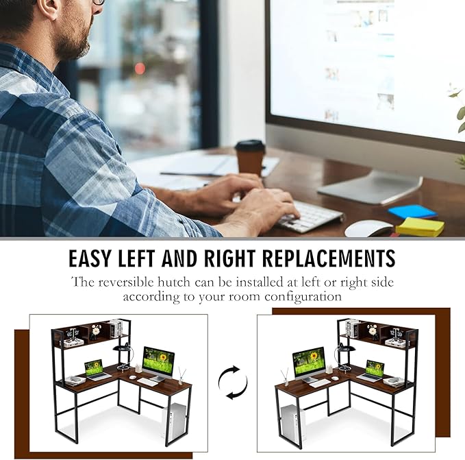 Tangkula Reversible L-Shaped Desk with Hutch, Space Saving Corner Computer Desk with Storage Shelves, Home Office Study Writing Desk Computer Workstation with Storage Bookshelf, Gaming Desk