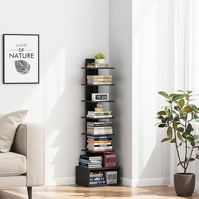 TUTOTAK Narrow Bookshelf, Vertical 8-Tier Bookcase, Spine Book Shelf for Small Space, Small Standing Shelf for Living Room, Office, Study, Entryway, Black BS07BK008