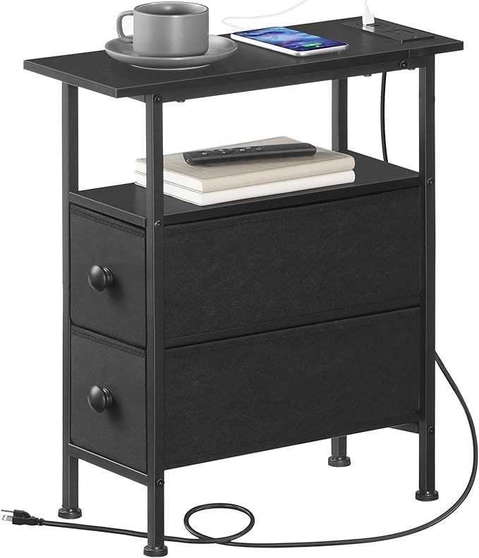 HOOBRO End Table with Charging Station, Narrow Side Table with 2 Fabric Drawers, Skinny Nightstand with Storage, Slim Bedside Table for Bedroom, Living Room, Small Spaces, Black BB487UBZ01